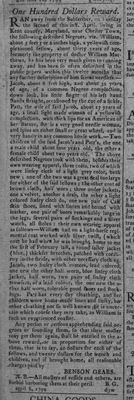 April 1799 Kent County Maryland advertisement for the return of a family of runaway slaves.
